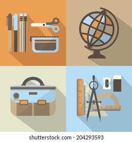 School stuff icons set with long shadow- Modern background colors in flat design