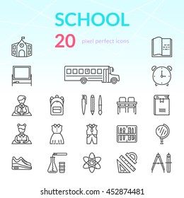 School stuff outline icon set of 20 thin modern stylish pixel perfect icons.