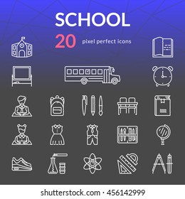 School stuff outline icon set of 20 thin modern stylish pixel perfect icons. White line version.