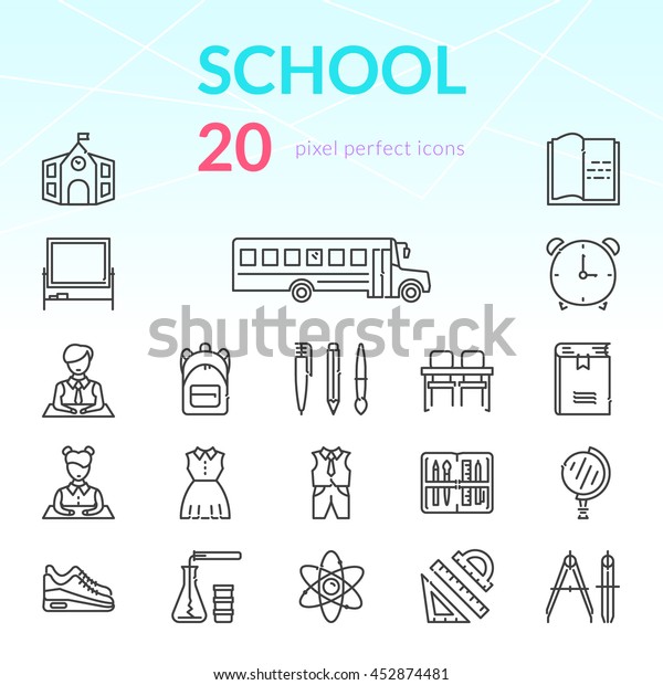 School stuff outline icon set of 20 thin modern\
stylish pixel perfect\
icons.