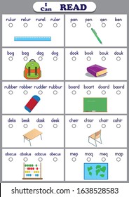 school stuff reading worksheet. Students read words and circle the one that matches the picture, I Can Read Words, Kids words learning