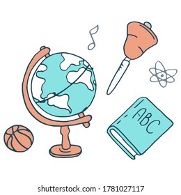 School stuff sticker set on white isolated backdrop. Hand bell for invitation or gift card, notebook, bath tile, scrapbook. Phone case or cloth print art. Doodle style stock vector illustration