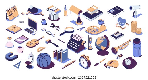 School stuff, supplies bundle flat style isometric illustration vector design