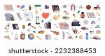 School stuff, supplies bundle. Stationery, items, accessories, elements for education. Book, magnet, computer, molecule set for different subject. Flat vector illustration isolated on white background