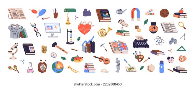 School stuff  supplies bundle  Stationery  items  accessories  elements for education  Book  magnet  computer  molecule set for different subject  Flat vector illustration isolated white background