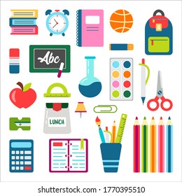 School stuff vector set. Back to school stationary. Supplies for office and education. Equipment for teachers and children. Pen, eraser, desk, ruler