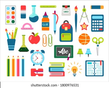 School stuff vector set. Back to school stationary. Supplies for office and education. Equipment for teachers and children. Pen, eraser, desk, ruler