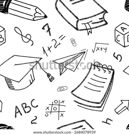 School style sketch seamless pattern with school and education related doodles such as books, pencils, graduation caps, notebooks, letters, numbers for , wrapping paper, back to school designs. Vector