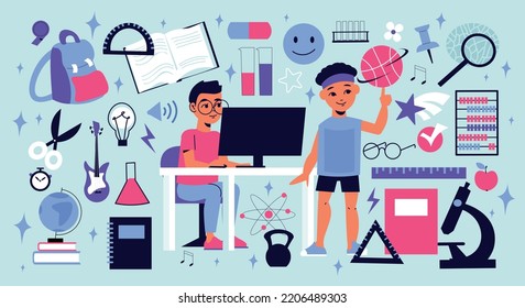 School subject big set with drawing and maths symbols flat isolated vector illustration