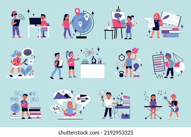 School subject color set with drawing and music symbols flat isolated vector illustration