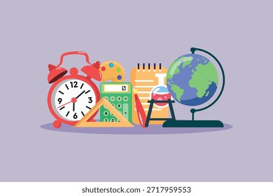 Matéria escolar completa ferramentas. Conceito de matéria escolar. Ilustração vetorial plana colorida isolada