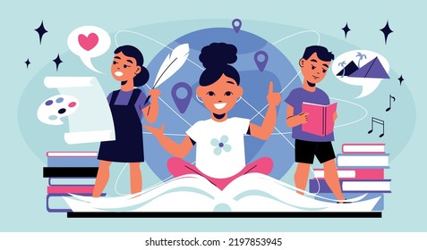 School Subject Concept With Drawing Literature And Music Symbols Flat Vector Illustration