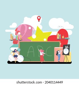 School subject or educational class. Student studying social and natural science. Modern school education system. Colorful flat cartoon vector illustration.