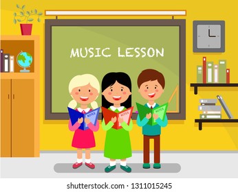 School subject flat design illustration. Schoolchildren sing song near blackboard. Schoolkids, pupils, classmates cartoon characters. Music lesson. Classroom interior. School education vector concept