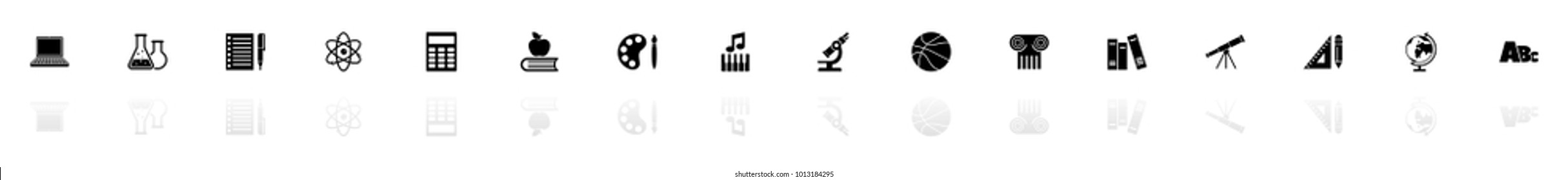 School Subject icons - Black horizontal Illustration symbol on White Background with a mirror Shadow reflection. Flat Vector Icon.