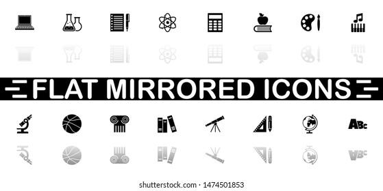 School Subject icons - Black symbol on white background. Simple illustration. Flat Vector Icon. Mirror Reflection Shadow. Can be used in logo, web, mobile and UI UX project.