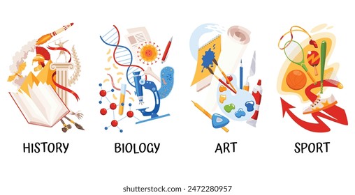 School subject icons concept. History and biology, art and sport. Education and science disciplines for school or university study. Flat vector illustration isolated on white background