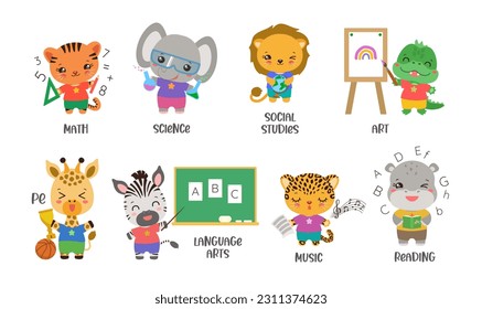 School subject icons with cute safari animals. Back to school kawaii animal set. Cartoon graphics for educational projects. Fun study elementary subjects. svg