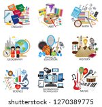School subject icons - English, Art, Math, Geography, Physical Education, History, Science, Information Technology and Music