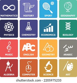 School Subject Icons Vector  - Mathematics, History, Sport, Geography, Physical Chemistry, Economics, Biology, Music English, Geometry, Arabic, Algebra, Computer, Science and Art