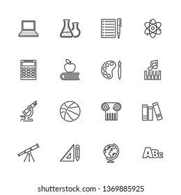 School Subject, Learning outline icons set - Black symbol on white background. School Subject, Learning Simple Illustration Symbol - lined simplicity Sign. Flat Vector thin line Icon - editable stroke