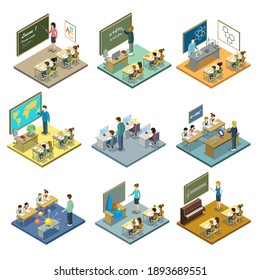 School subject lesson set. Isolated isometric teacher person at blackboard teaching children class learning physics, math, geography in classroom. Education and study vector illustration