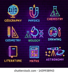 School Subject Neon Label Set. Vector Illustration of Education Promotion.