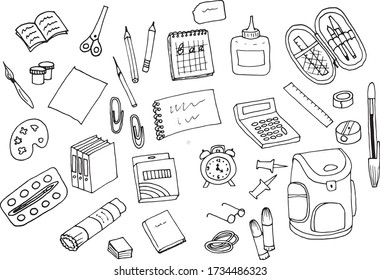 School subject. Office supplies. A set of drawings by hand.