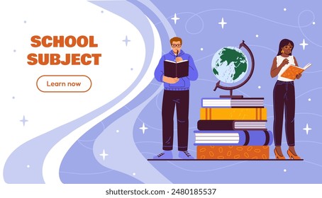 School subject poster. Man and woman near books and globe. Education, learning, training and studying. Students at lessons. Landing webpage design. Cartoon flat vector illustration