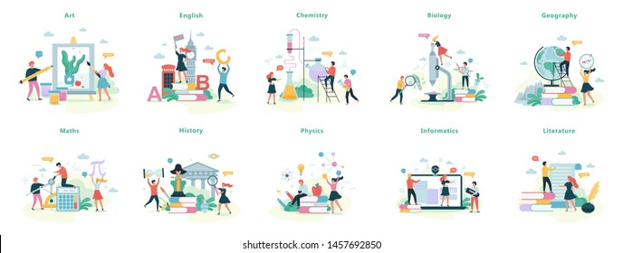 Juego de asignaturas escolares. Idea de educación y ciencia. Biología, química y matemáticas. Ilustración vectorial aislada en estilo caricaturista