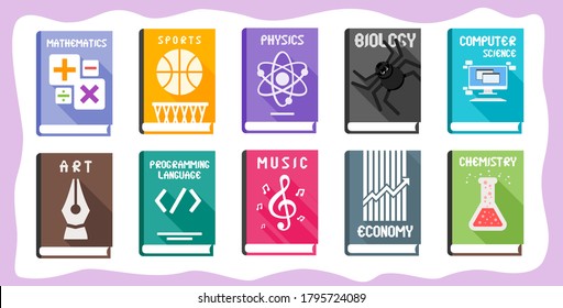 Libros de texto de asignatura escolar con cubierta ilustrativa. Elemento Material de biblioteca y lectura. Matemáticas, Deportes, Física, Biología, Ciencias de la Computación, Arte, Lenguaje de Programación, Música, Economía y Libro de Química