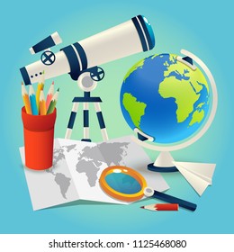 School subjects attributes illustration in vector, showing a map with colorful pencils and globe which refers to geography class and telescope for astrology studies
