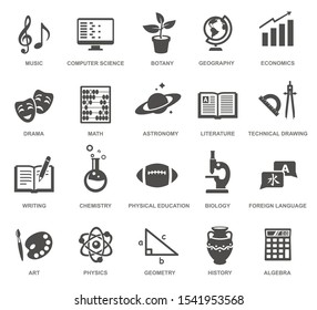 School subjects black glyph icons vector set. University lessons silhouette symbols pack. Classes teaching, educational training. Music, geography, math, chemistry isolated illustrations collection