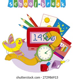 School subjects, clocks, pencils, drawings. The cheerful birdie sits on clocks.Separate layers of objects and background for easy editing.