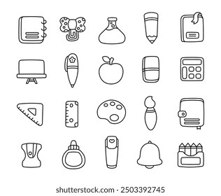 School subjects. Coloring Page. Study and knowledge. Hand drawn style. Vector drawing. Collection of design elements.