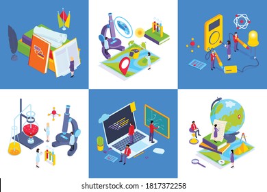 School subjects contemporary education concept 6 isometric compositions with chemistry lab computer science class geography vector illustration