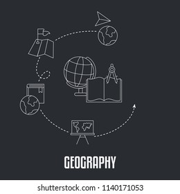 School subjects design concept. Geography. Black background with education icons.