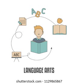 School subjects design concept. Language arts. Background with education icons.