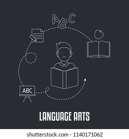 School subjects design concept. Language arts. Black background with education icons.