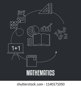 School subjects design concept. Mathematics. Black background with education icons.