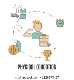 School subjects design concept. Physical education. Background with education icons.