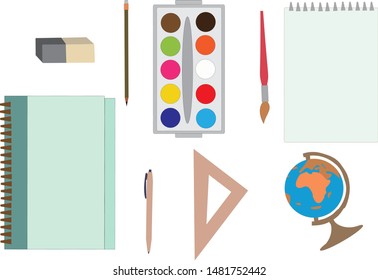 School subjects, distance learning, globe, ruler, paints, notebook, eraser, brush, pencil, pen. Stock vector illustration of school education