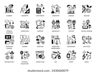 School subjects doodle icon set. Sciences - geometry, math, biology, chemistry, history, robotics, computer education, drama club line hand drawn pictograms