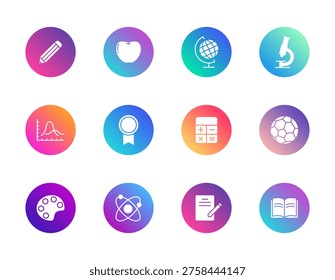 School subjects, education, creativity. Vector set of 12 round gradient icons featuring pencil, atom, palette, and book for UI and academic design.