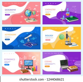School subjects, education and knowledge. Geography and chemistry, astronomy and biology, economics and coding Internet banners vector illustration