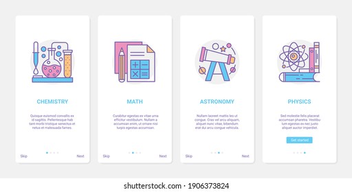 School subjects, education vector illustration. UX, UI onboarding mobile app page screen educational set with line natural science, chemistry mathematics astronomy physics knowledge schooling symbols