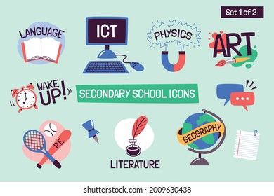 School subjects educational icons. Hand-drawn vector labels with secondary school subjects. Perfect for timetables, websites, school apps, sticker design, etc