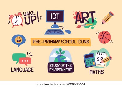 School subjects educational icons. Hand-drawn vector labels with preschool subjects. Perfect for timetables, websites, school apps, sticker design, etc