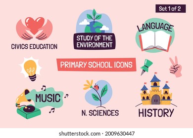 School subjects educational icons. Hand-drawn vector labels with primary school subjects. Perfect for timetables, websites, school apps, sticker design, etc