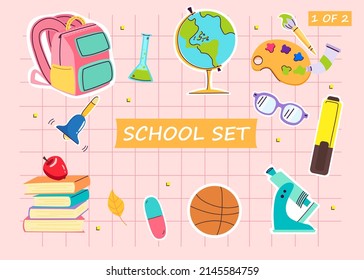 School subjects educational icons. Hand-drawn vector labels with primary school subjects.